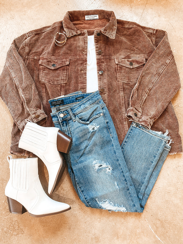 Vermont Stroll Corduroy Cropped Shacket in Brown - Giddy Up Glamour Boutique