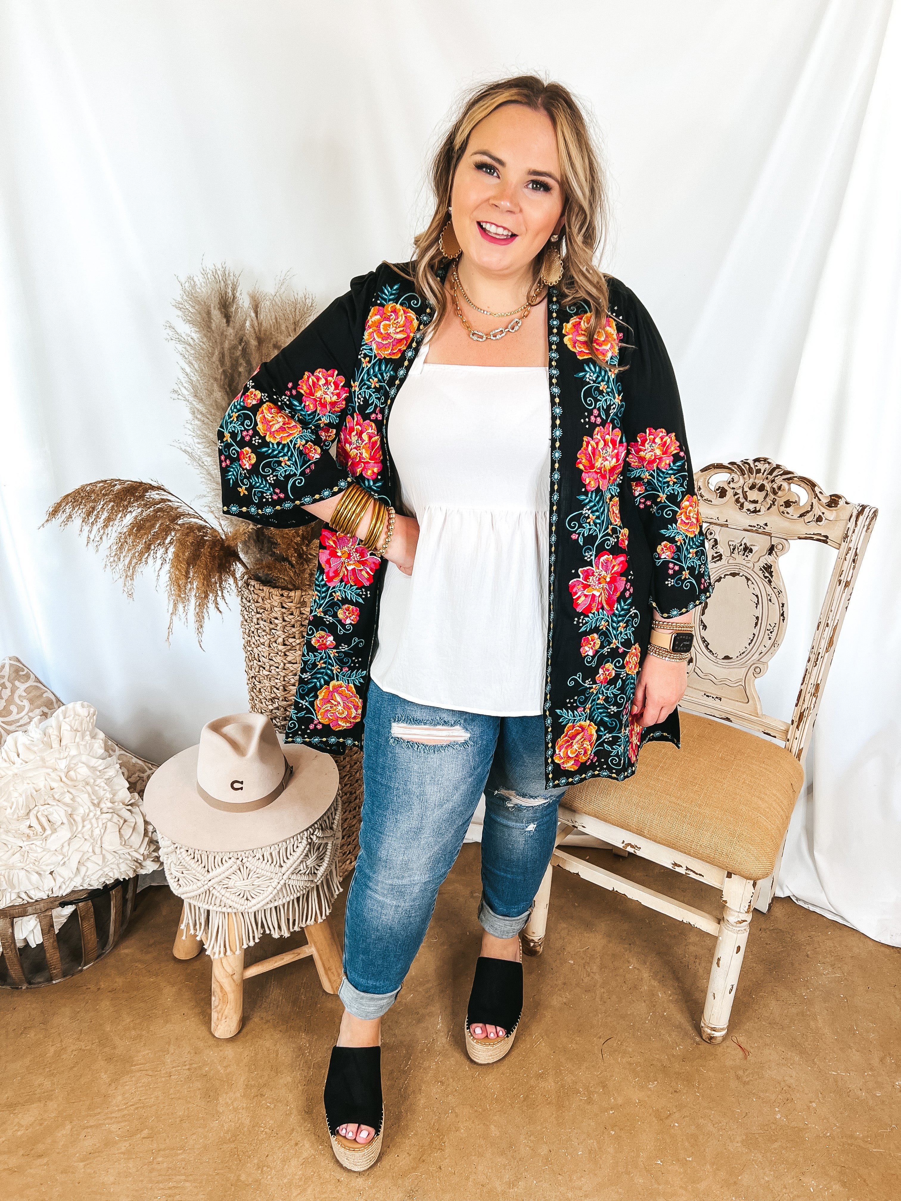 Lifetime of Happiness Floral Embroidered 3/4 Sleeve Kimono in Black - Giddy Up Glamour Boutique