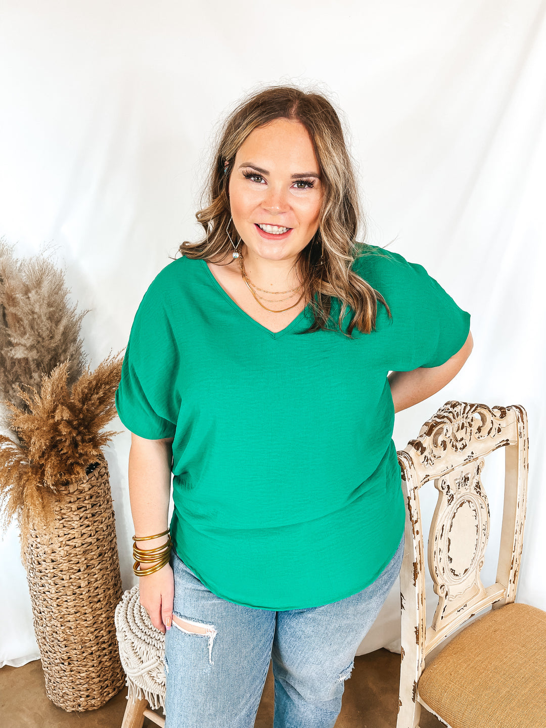 Lovely Dear V Neck Short Sleeve Solid Top in Green - Giddy Up Glamour Boutique