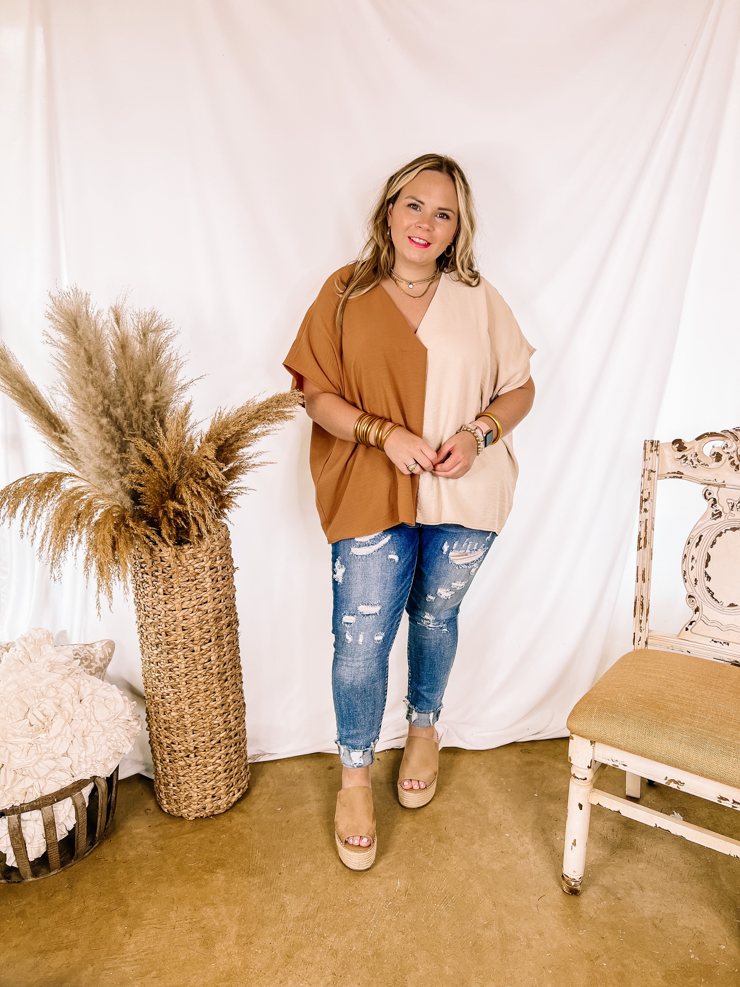 Weekend Out V Neck Placket Color Block Short Sleeve Top in Beige and Clay Brown - Giddy Up Glamour Boutique