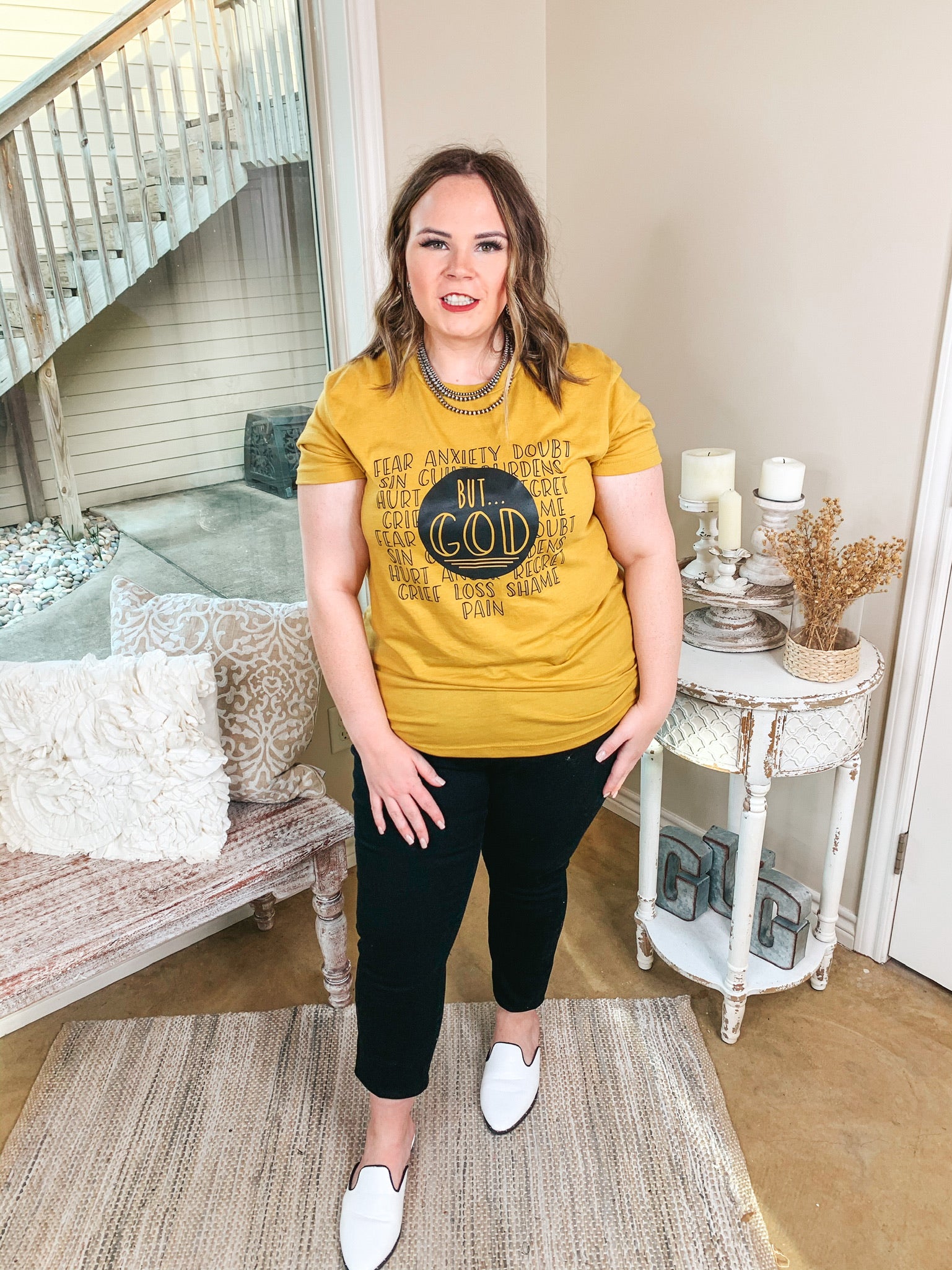 But God Short Sleeve Graphic Tee in Mustard Yellow - Giddy Up Glamour Boutique