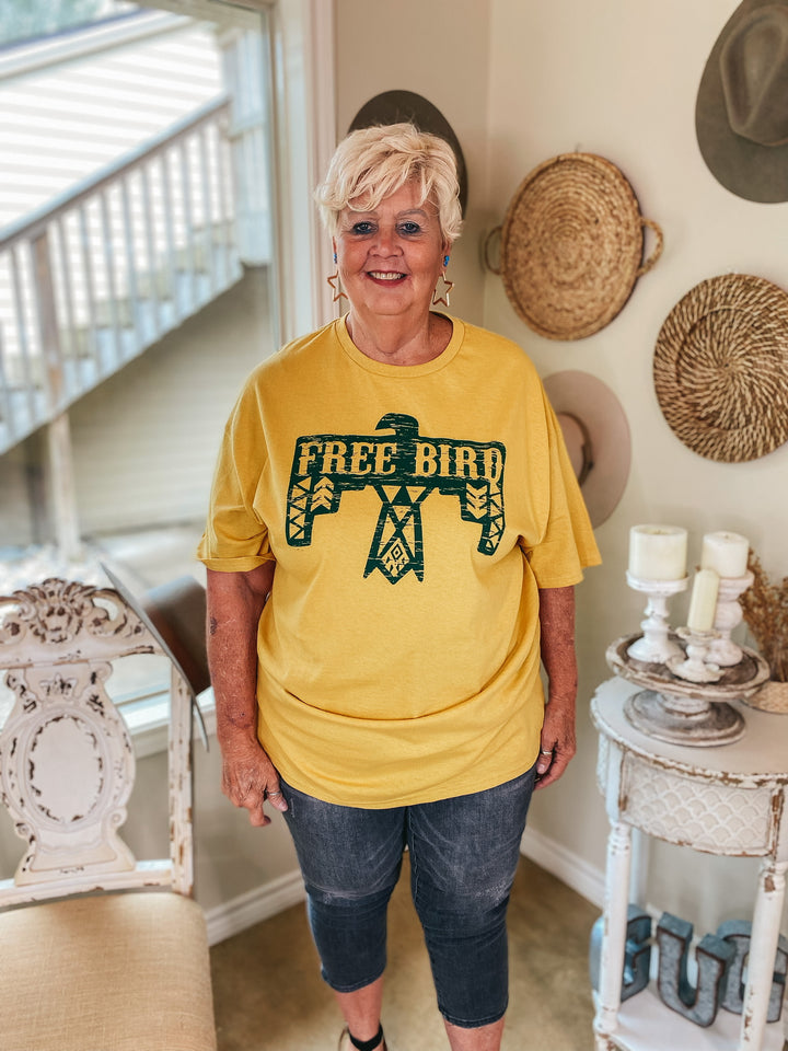 Free Bird Thunderbird Short Sleeve Graphic Tee in Mustard Yellow - Giddy Up Glamour Boutique