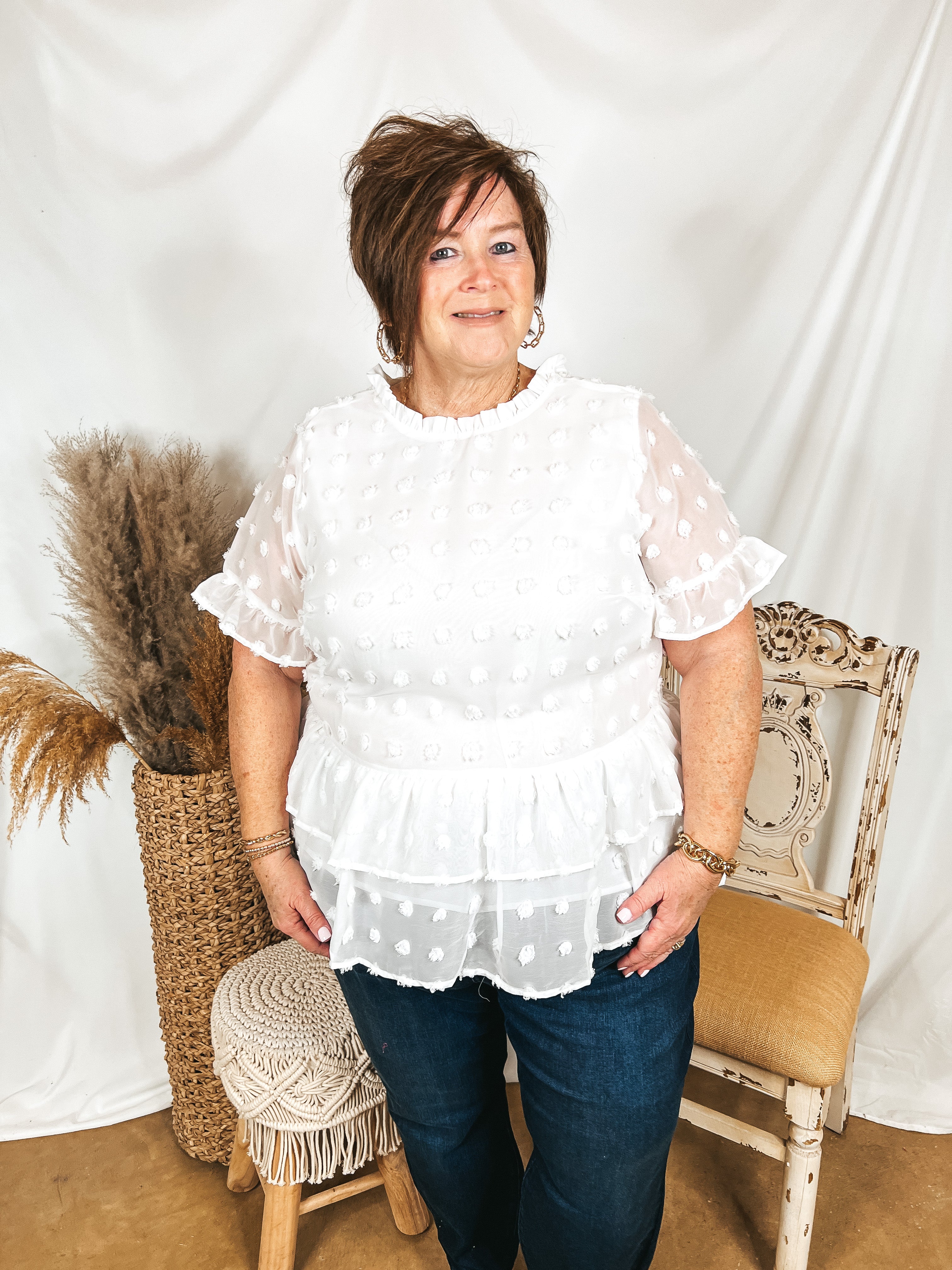 Last Chance Size Small | Garden Graceful Swiss Dot Ruffle Peplum Top in White | ONLY 1 LEFT! - Giddy Up Glamour Boutique