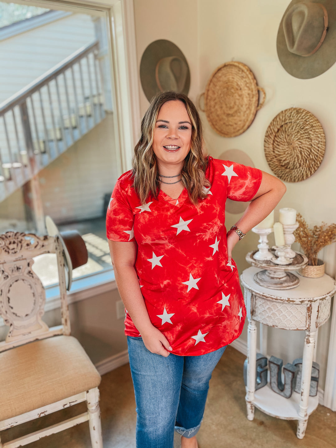 Keep Things Simple Tie Dye with Stars V Neck Tee in Red - Giddy Up Glamour Boutique