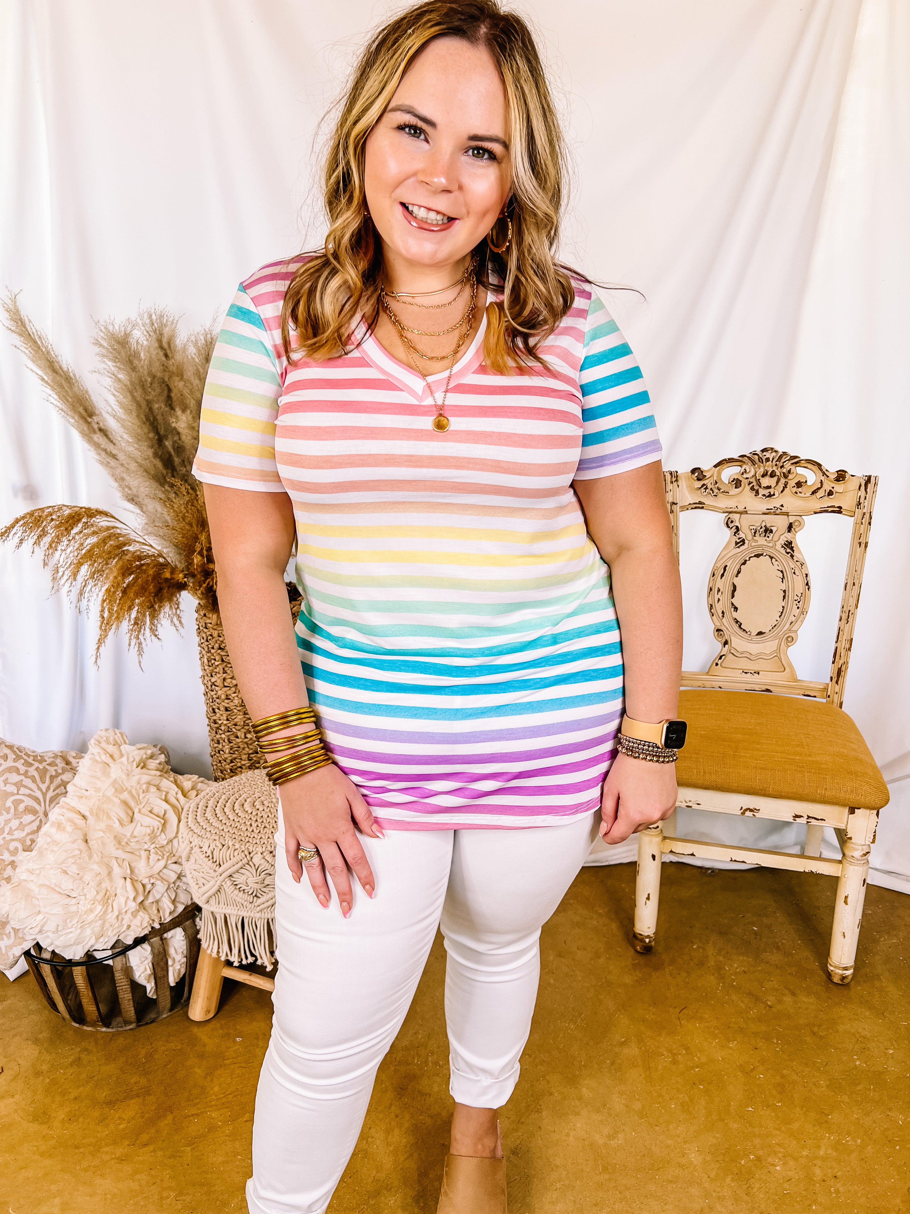 Last Chance Size Small & Med. | Keep Things Simple V Neck Multi Color Striped Short Sleeve Tee Shirt in White - Giddy Up Glamour Boutique