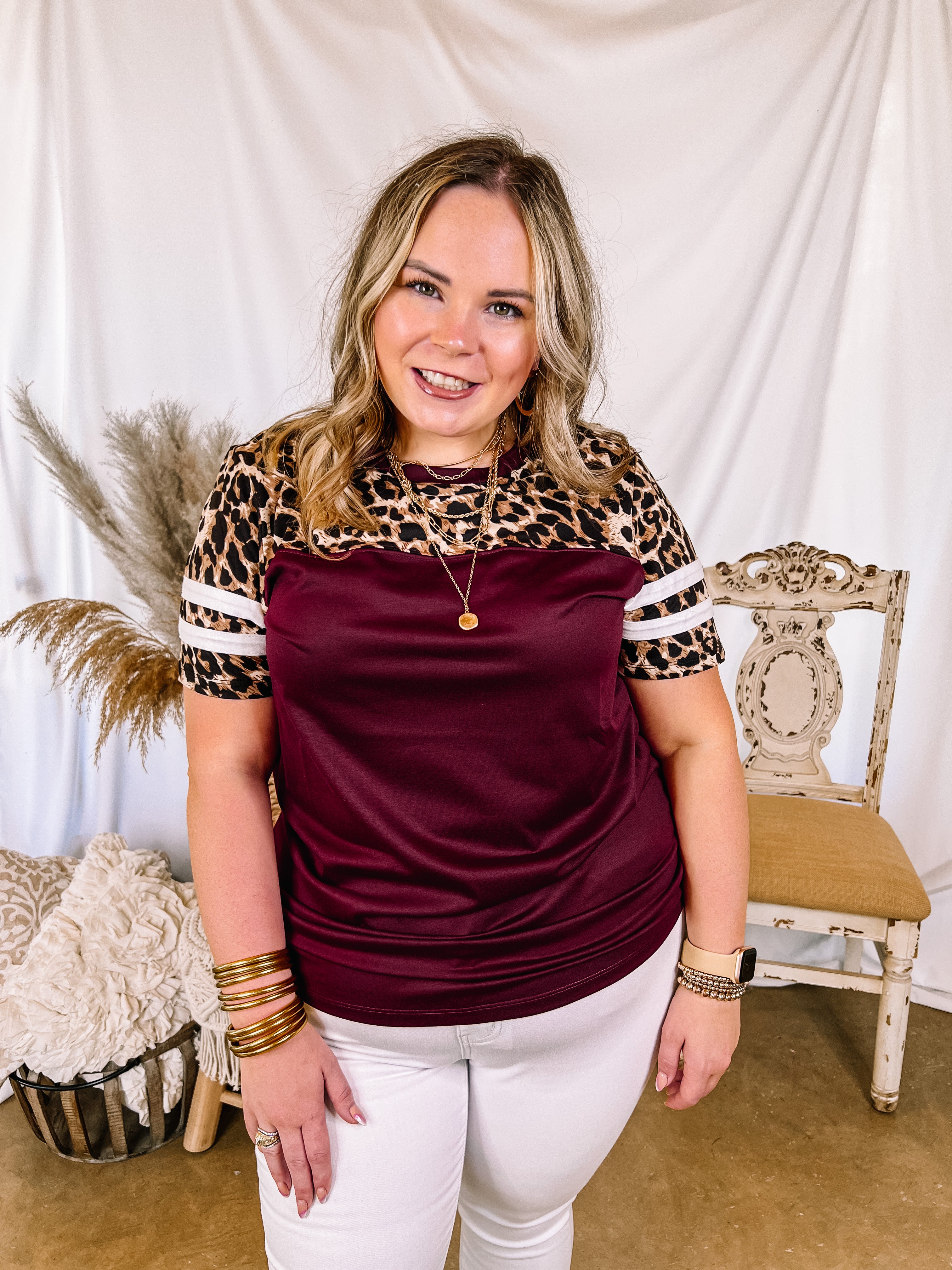 Surprise Me Varsity Stripe Sleeve Top with Leopard Print Upper in Maroon - Giddy Up Glamour Boutique