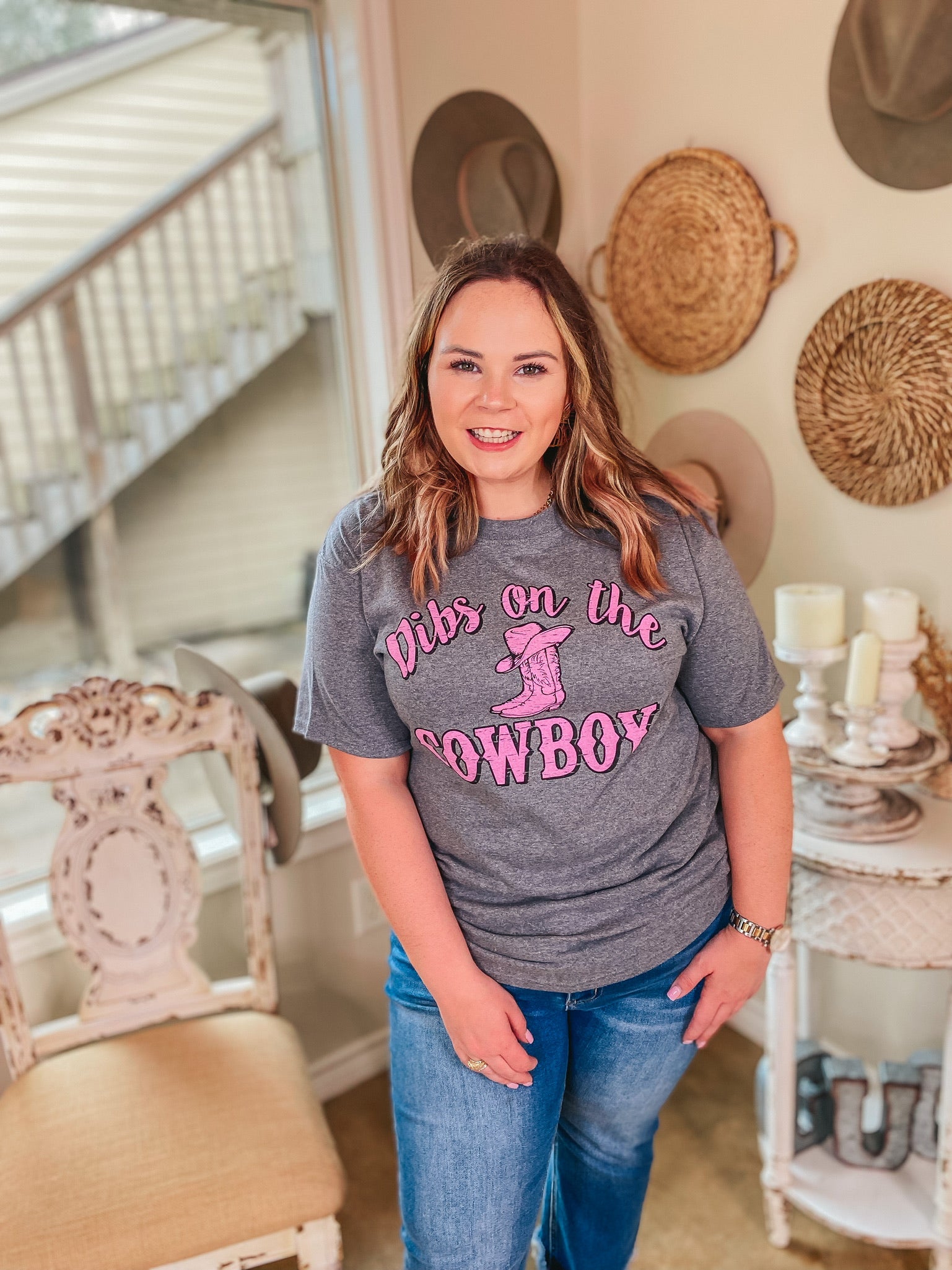 Dibs on the Cowboy Short Sleeve Graphic Tee in Heather Grey - Giddy Up Glamour Boutique