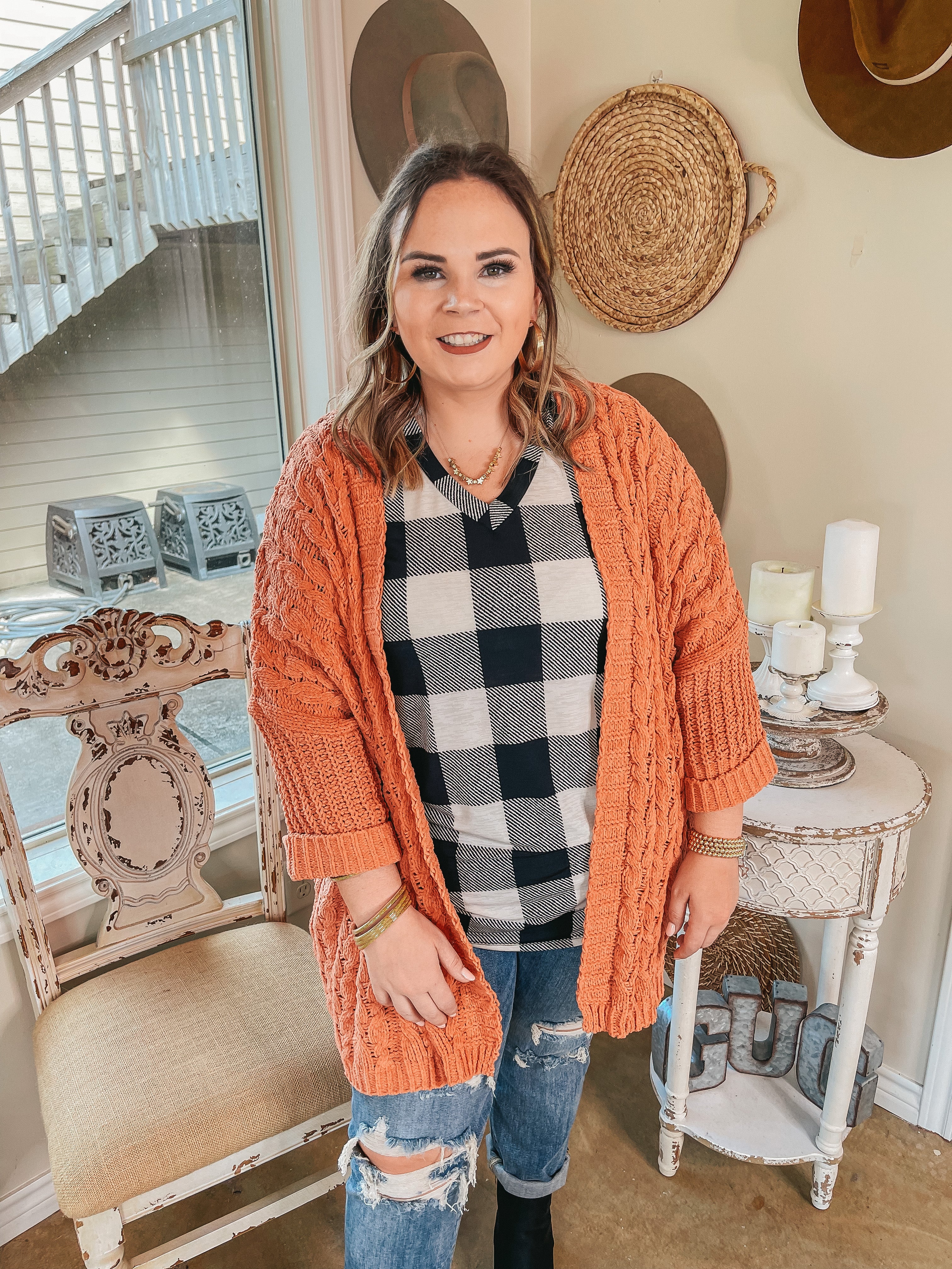 On My Level Chenille Cable Knit Open Front Cardigan in Canyon Clay Orange - Giddy Up Glamour Boutique