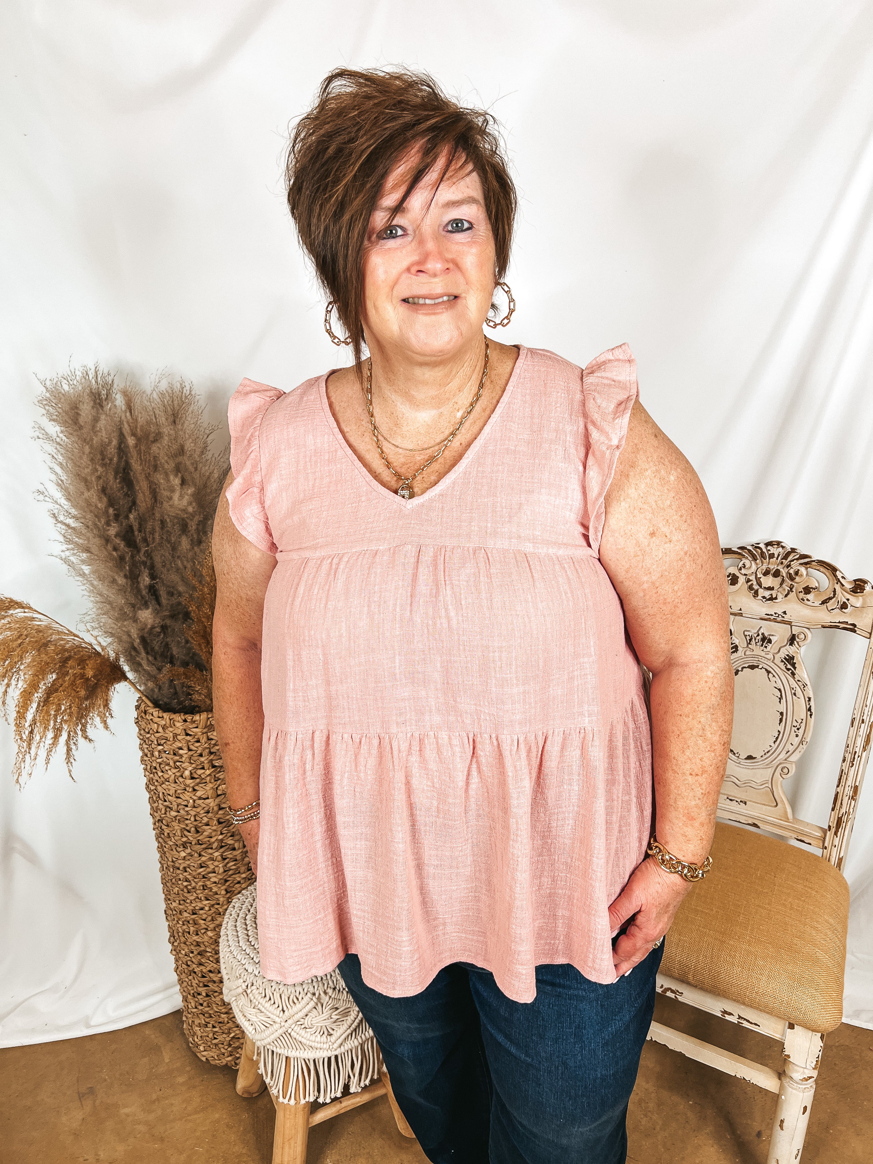 Stay Wonderful Solid Tiered Top with Ruffle Cap Sleeves in Dusty Pink - Giddy Up Glamour Boutique