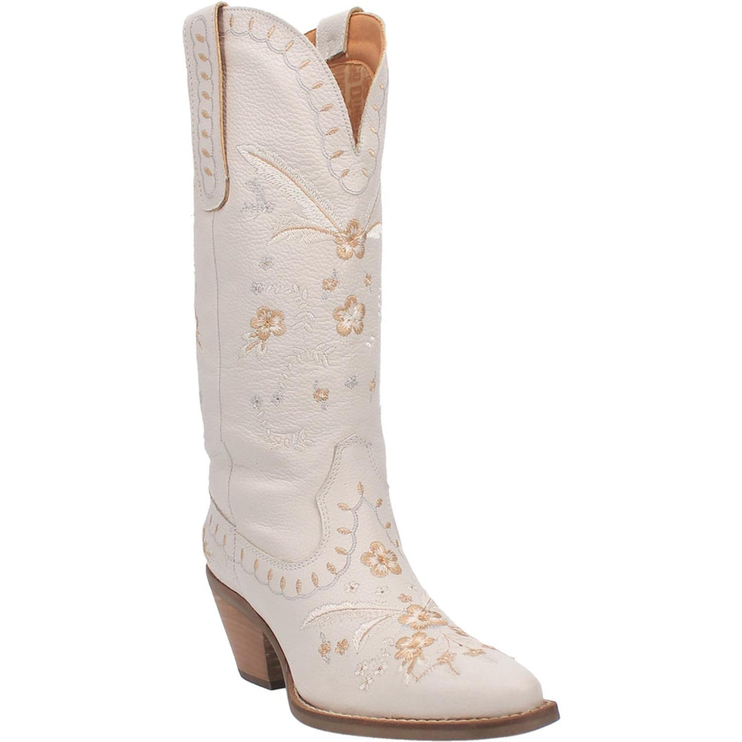 White leather boot that has a 13 inch high shaft and floral gold embroidery throughout the whole boot and a 2 1/2 inch wooden heel 