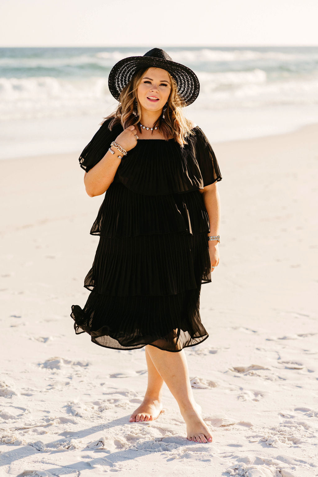 Take My Hand Off the Shoulder Ruffle Tiered Dress in Black - Giddy Up Glamour Boutique