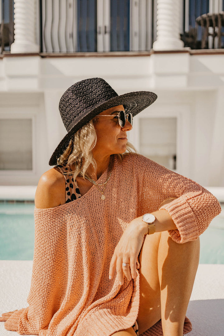 Throwing Shade Wide Brim Hat with Black Band in Black - Giddy Up Glamour Boutique