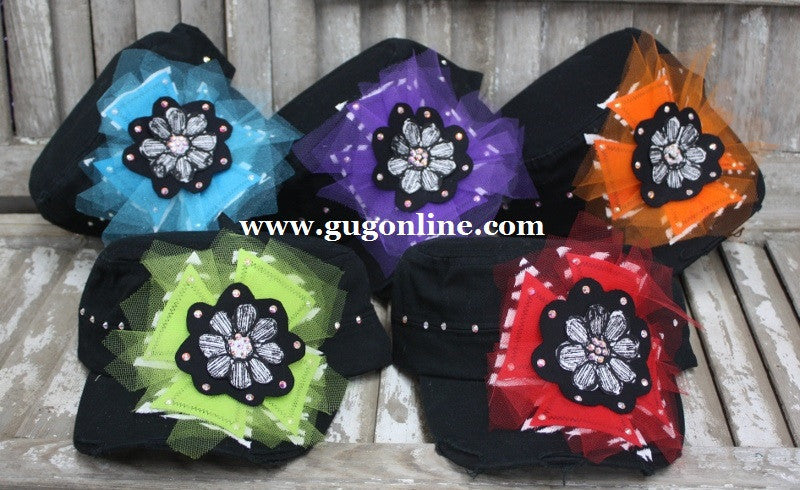 GUG Original Caps - Black Cap with Flower and Assorted Color Cross - Giddy Up Glamour Boutique