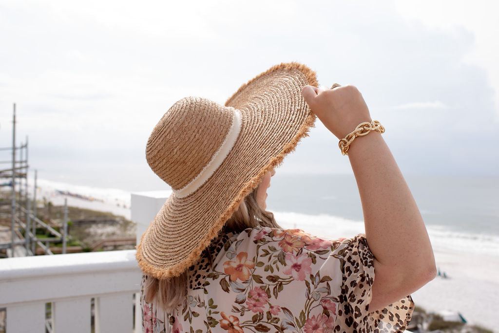 The Sharpay Oversized Floppy Hat with Canvas Band in Natural Straw - Giddy Up Glamour Boutique
