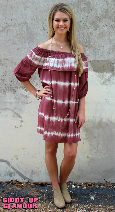 Last Chance Size Small | Hometown Honey Tie Dye Off Shoulder Dress in Maroon - Giddy Up Glamour Boutique