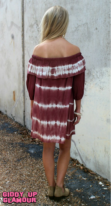 Last Chance Size Small | Hometown Honey Tie Dye Off Shoulder Dress in Maroon - Giddy Up Glamour Boutique