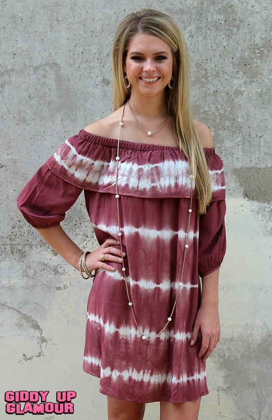 Last Chance Size Small | Hometown Honey Tie Dye Off Shoulder Dress in Maroon - Giddy Up Glamour Boutique