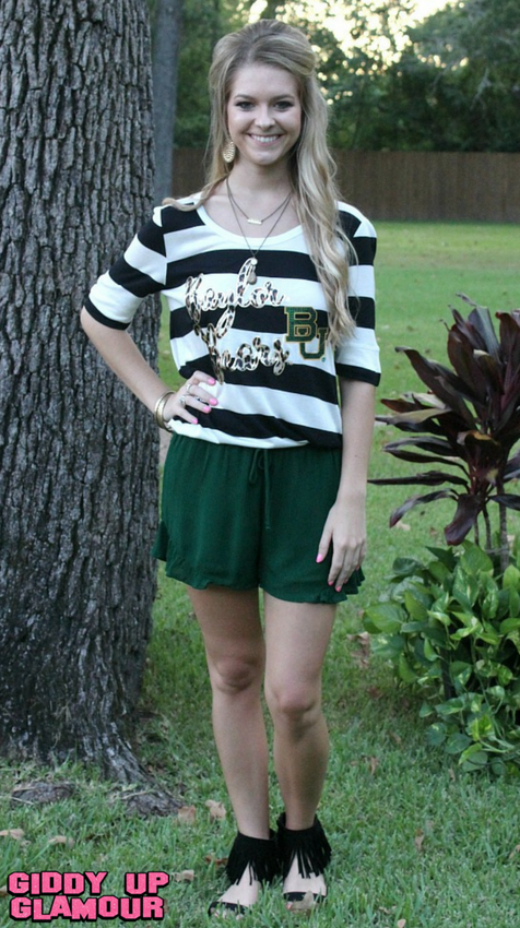 Last Chance Size Small & Medium | Stripe A Pose Baylor Game Day Top - Giddy Up Glamour Boutique