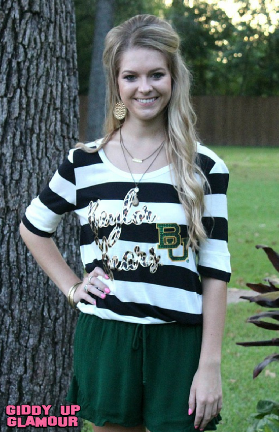 Last Chance Size Small & Medium | Stripe A Pose Baylor Game Day Top - Giddy Up Glamour Boutique