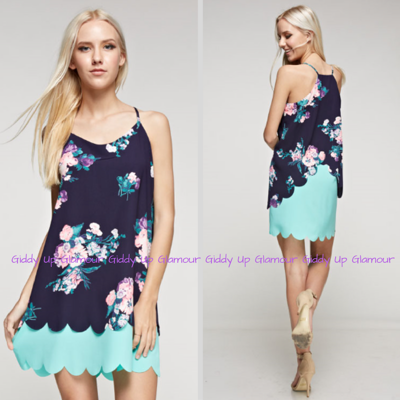 Last Chance Size Small | Pretty In Palisades Navy Floral Dress with Scalloped Trim - Giddy Up Glamour Boutique