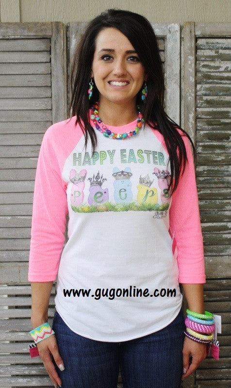 Happy Easter Peeps Neon Pink Baseball Tee - Giddy Up Glamour Boutique