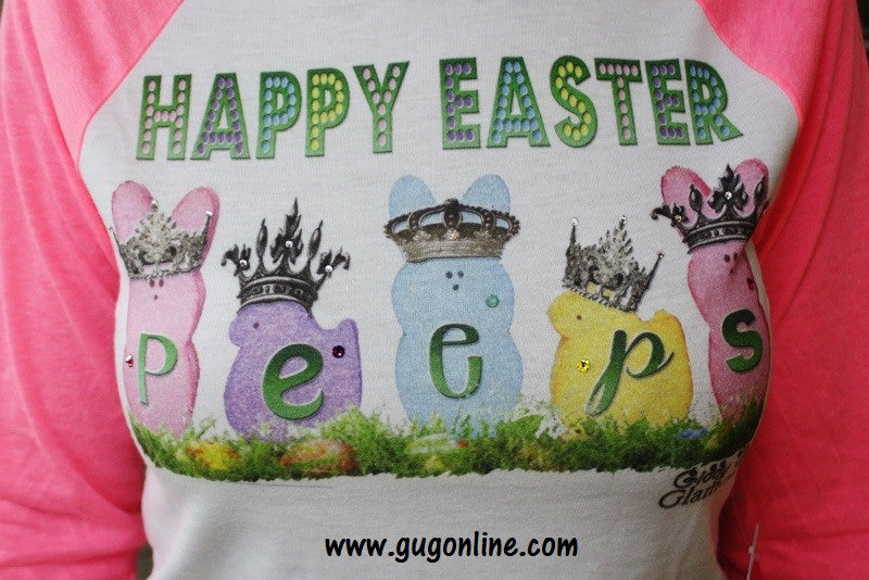 Happy Easter Peeps Neon Pink Baseball Tee - Giddy Up Glamour Boutique