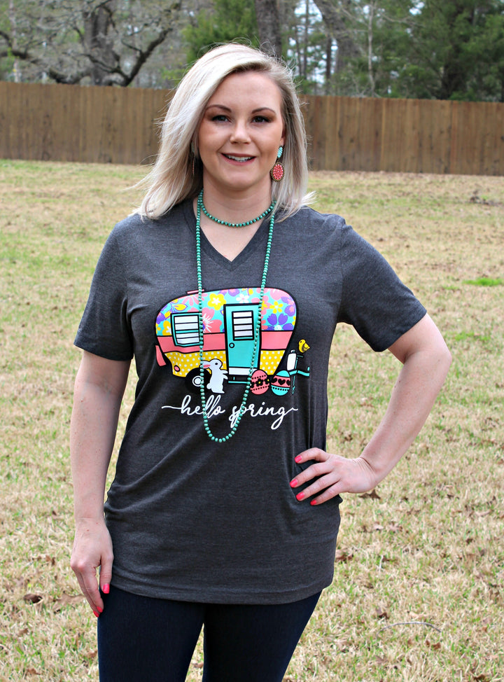 Hello Spring Camper Short Sleeve Tee Shirt in Charcoal Grey - Giddy Up Glamour Boutique
