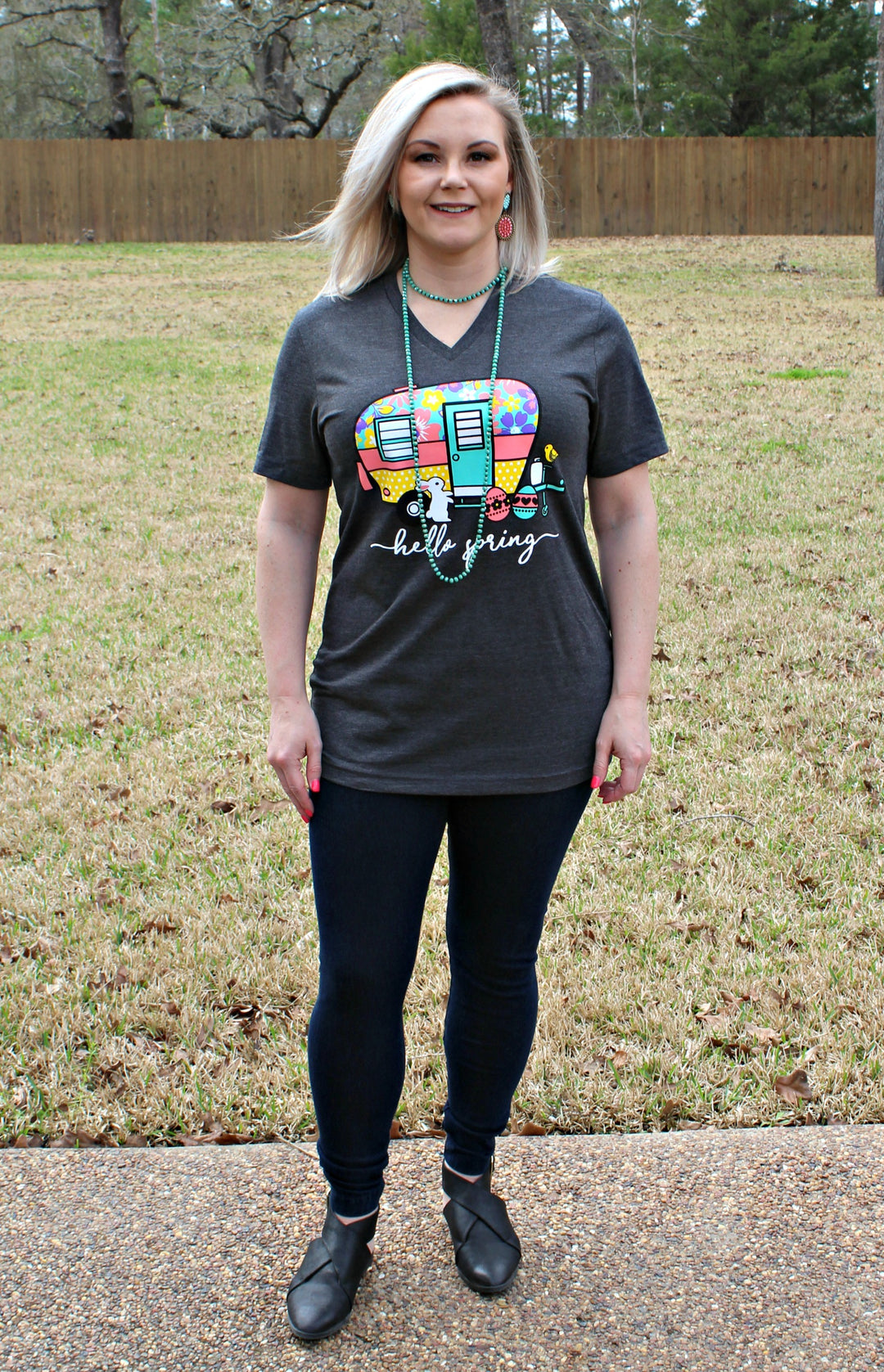 Hello Spring Camper Short Sleeve Tee Shirt in Charcoal Grey - Giddy Up Glamour Boutique