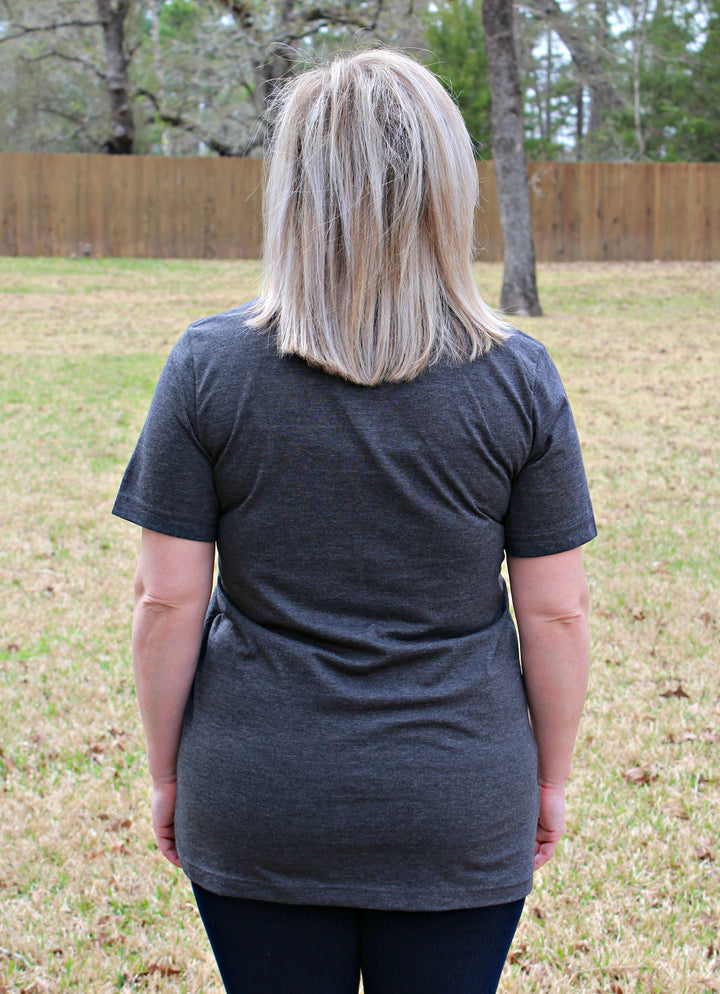 Hello Spring Camper Short Sleeve Tee Shirt in Charcoal Grey - Giddy Up Glamour Boutique