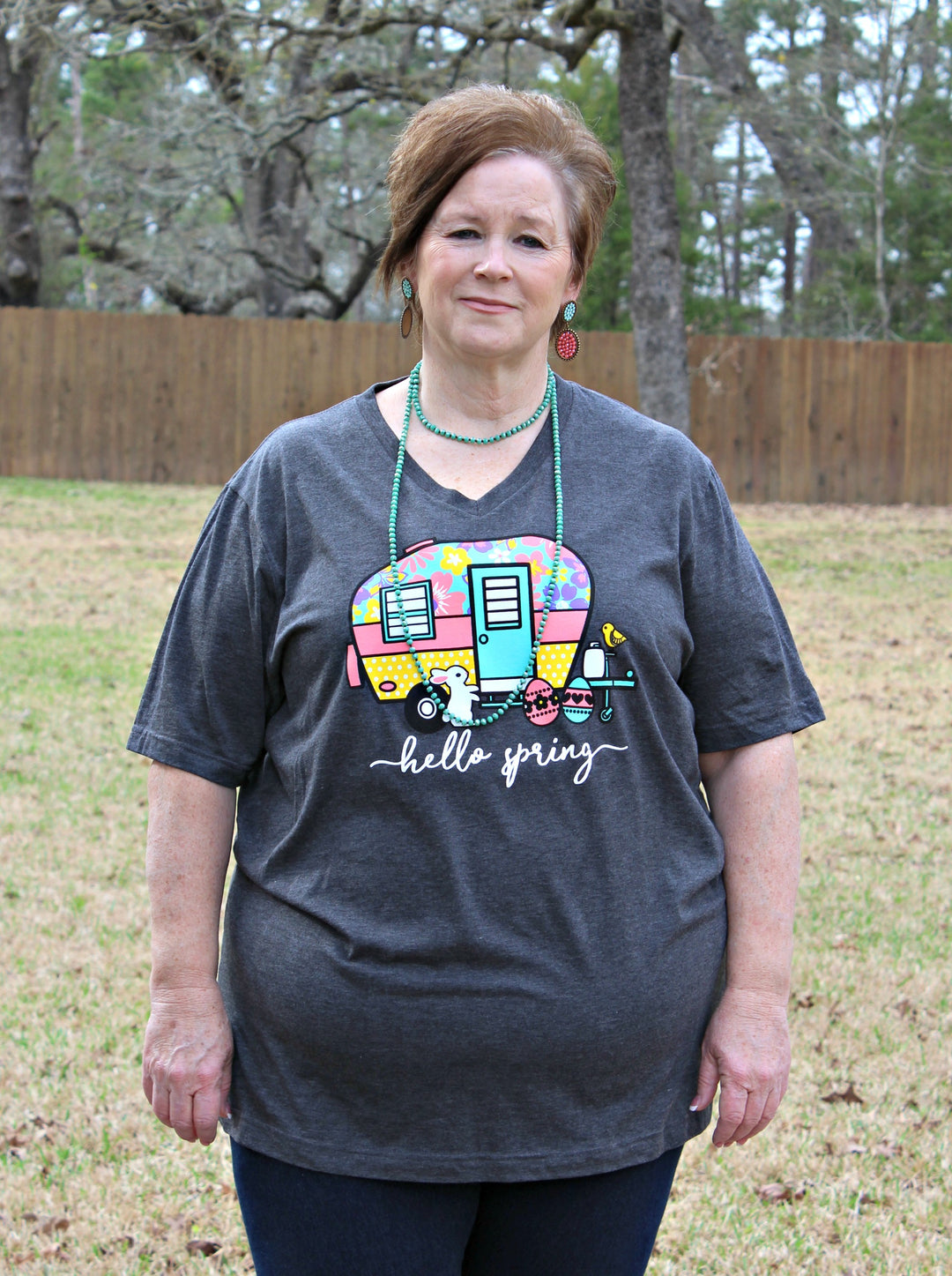 Hello Spring Camper Short Sleeve Tee Shirt in Charcoal Grey - Giddy Up Glamour Boutique
