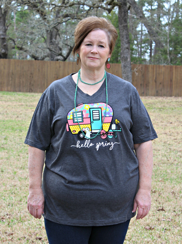 Hello Spring Camper Short Sleeve Tee Shirt in Charcoal Grey - Giddy Up Glamour Boutique