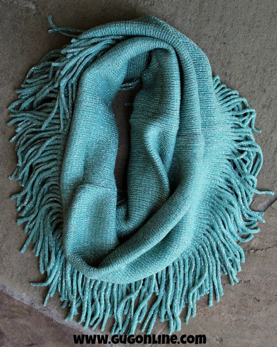 Mint and Metallic Silver Fringe Infinity Scarf - Giddy Up Glamour Boutique