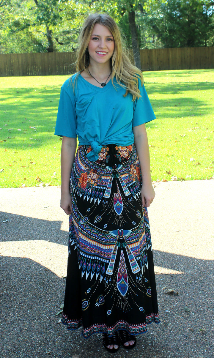 Unique Vibes Floral & Aztec Print Maxi Skirt in Black - Giddy Up Glamour Boutique