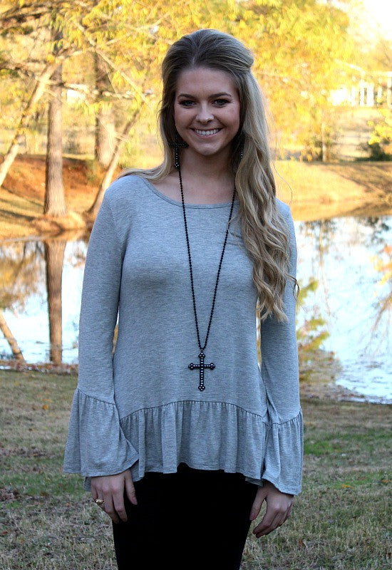Last Chance Size Small | Take Comfort Long Sleeve Blouse with Ruffle Hem in Heather Grey - Giddy Up Glamour Boutique