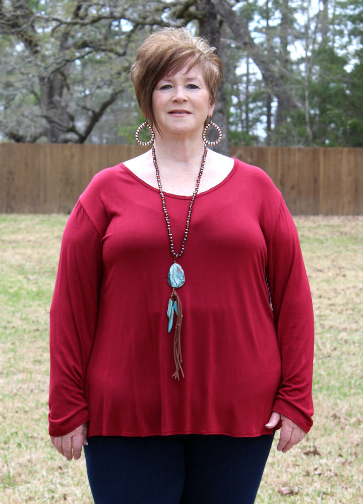 Ever So Casual Long Sleeve Top in Maroon - Giddy Up Glamour Boutique