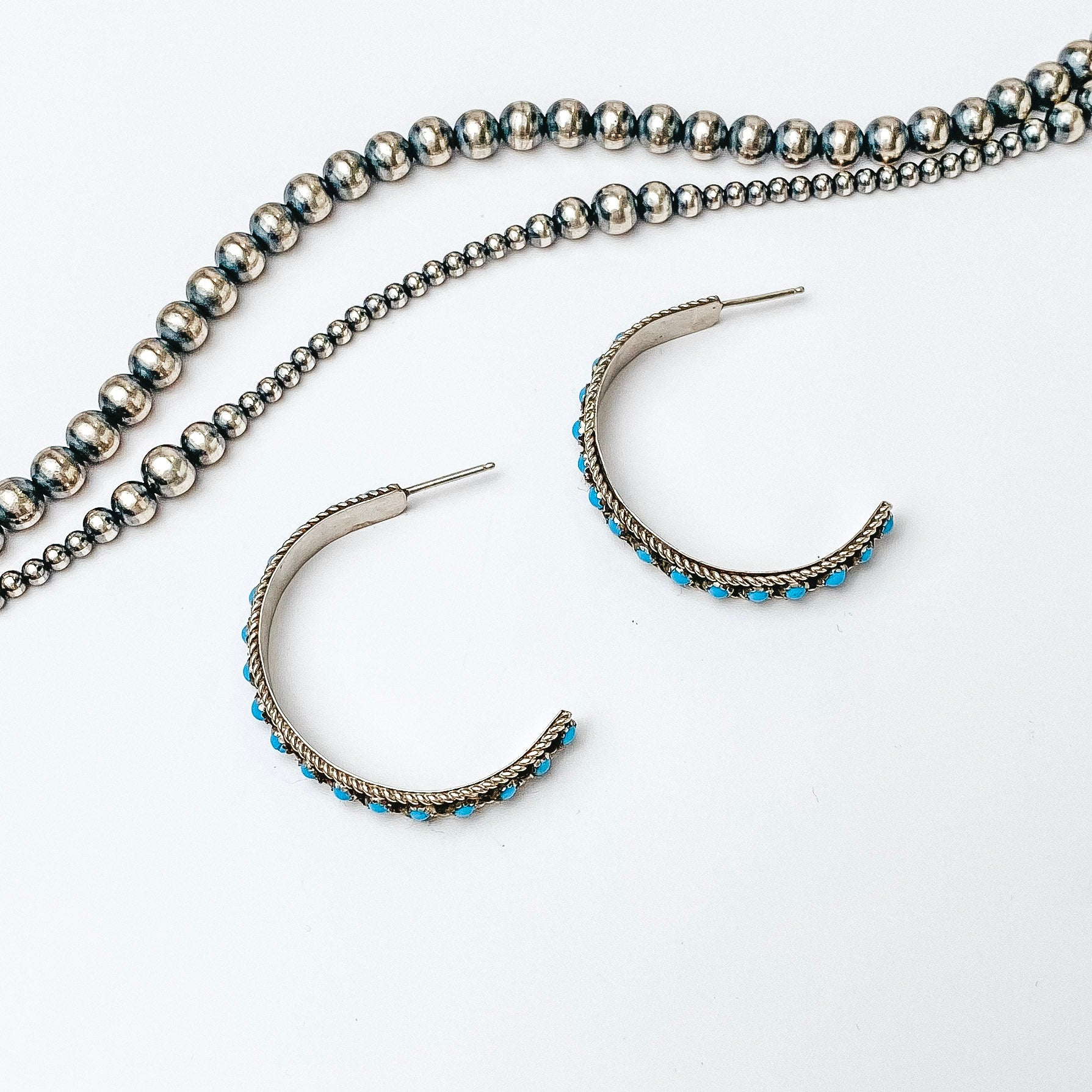 Chester Charley | Navajo Handmade Genuine Sterling Silver Hoops with Turquoise Stones - Giddy Up Glamour Boutique