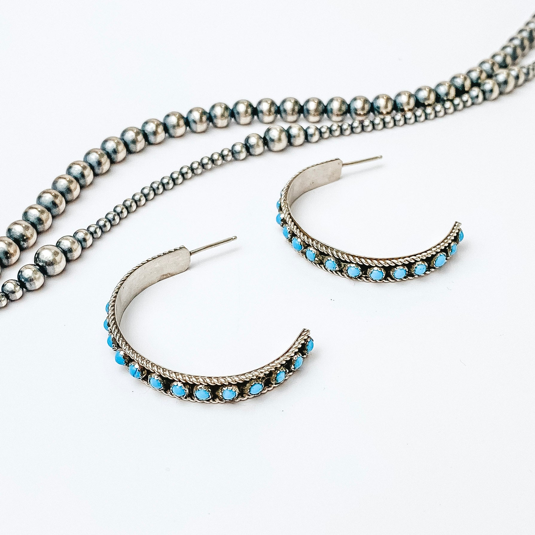 Chester Charley | Navajo Handmade Genuine Sterling Silver Hoops with Turquoise Stones - Giddy Up Glamour Boutique