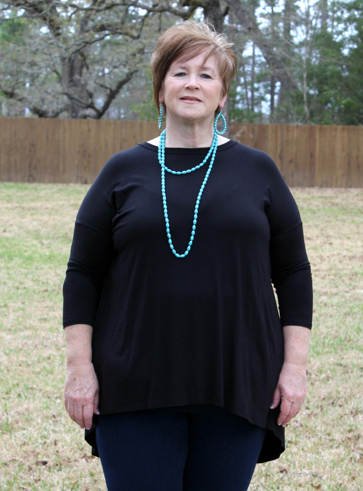 Last Chance Size Small | Casual Love Tunic Top with Criss Cross Back Detail in Black - Giddy Up Glamour Boutique