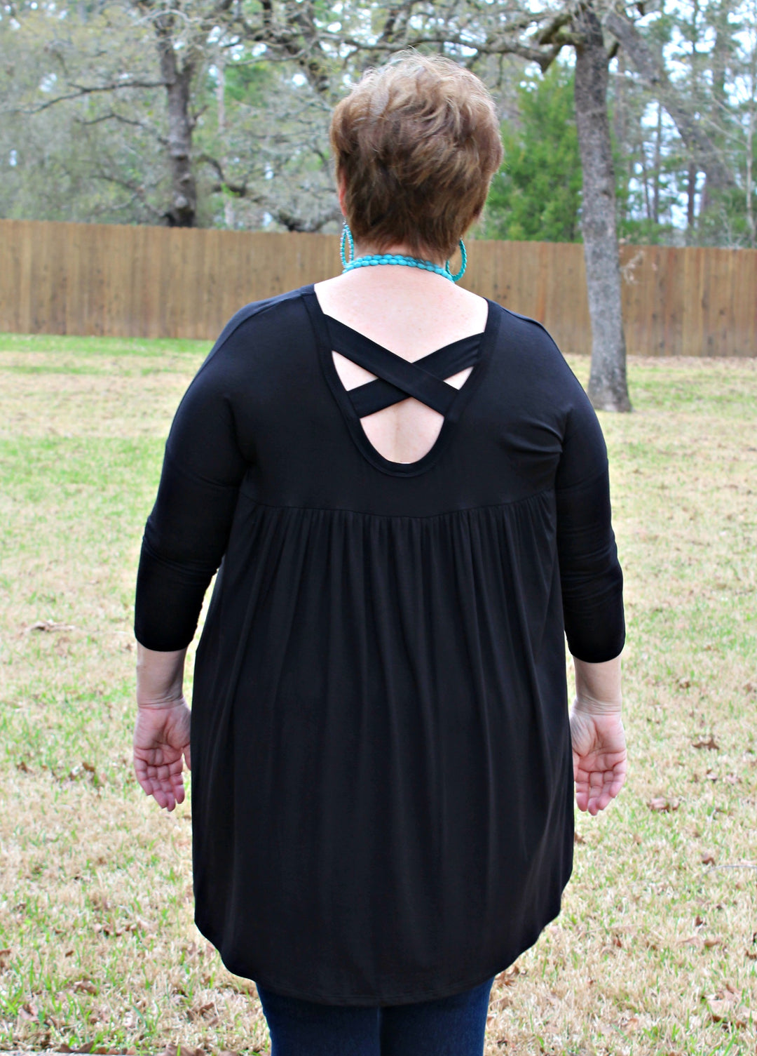Last Chance Size Small | Casual Love Tunic Top with Criss Cross Back Detail in Black - Giddy Up Glamour Boutique