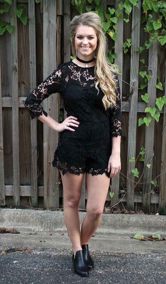 Last Chance Size Small | Hearts Collide Floral Lace Crochet Romper in Black - Giddy Up Glamour Boutique