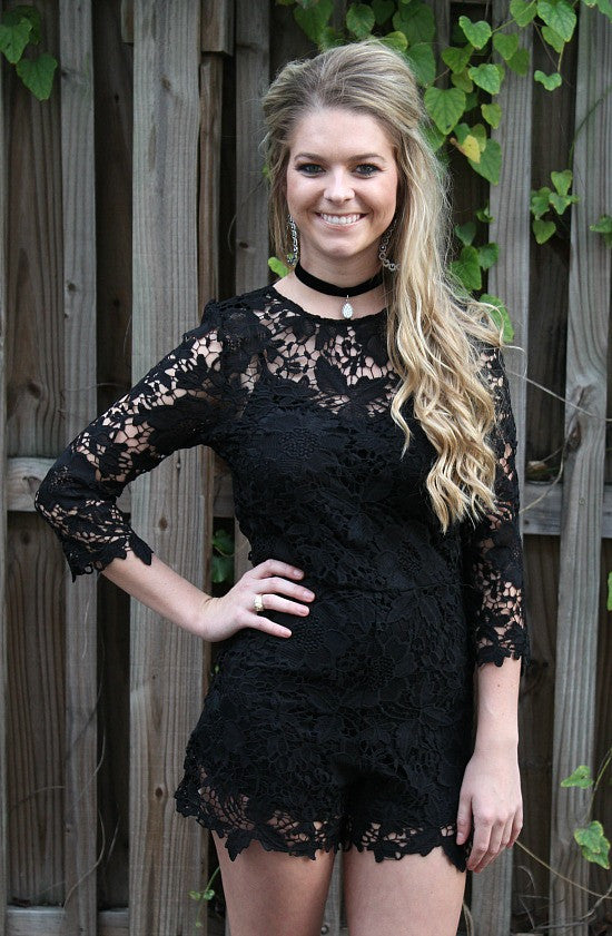 Last Chance Size Small | Hearts Collide Floral Lace Crochet Romper in Black - Giddy Up Glamour Boutique