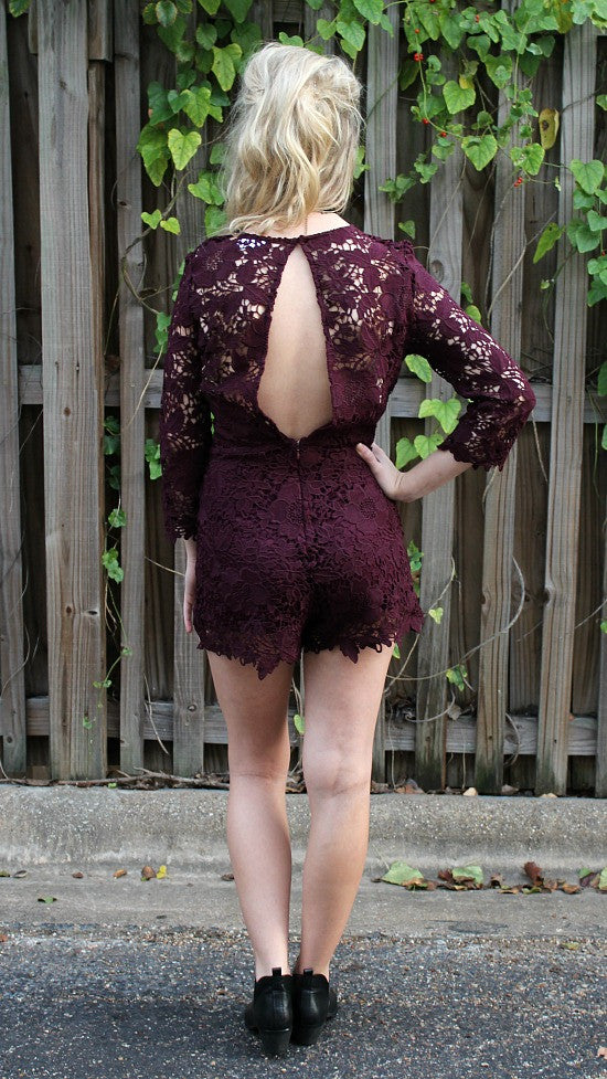 Last Chance Size Small | Hearts Collide Floral Lace Crochet Romper in Plum - Giddy Up Glamour Boutique