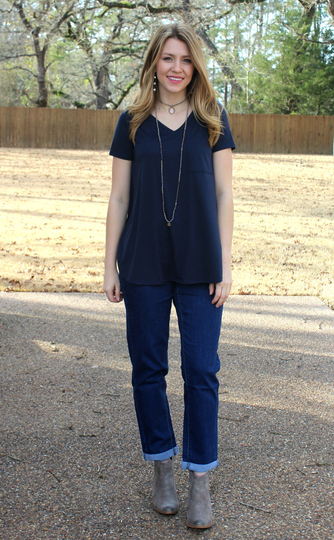 Last Chance Size Small & Medium | Old Favorite Short Sleeve Pocket Tee in Navy Blue - Giddy Up Glamour Boutique