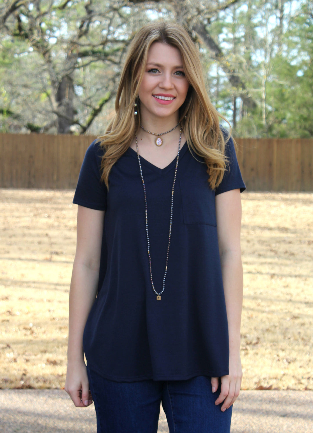 Last Chance Size Small & Medium | Old Favorite Short Sleeve Pocket Tee in Navy Blue - Giddy Up Glamour Boutique