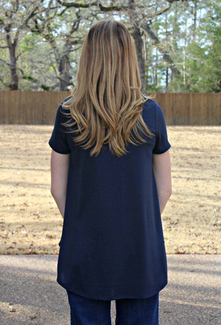 Last Chance Size Small & Medium | Old Favorite Short Sleeve Pocket Tee in Navy Blue - Giddy Up Glamour Boutique