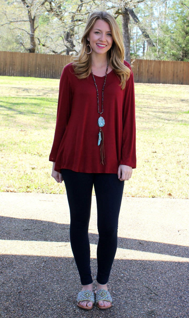 Ever So Casual Long Sleeve Top in Maroon - Giddy Up Glamour Boutique