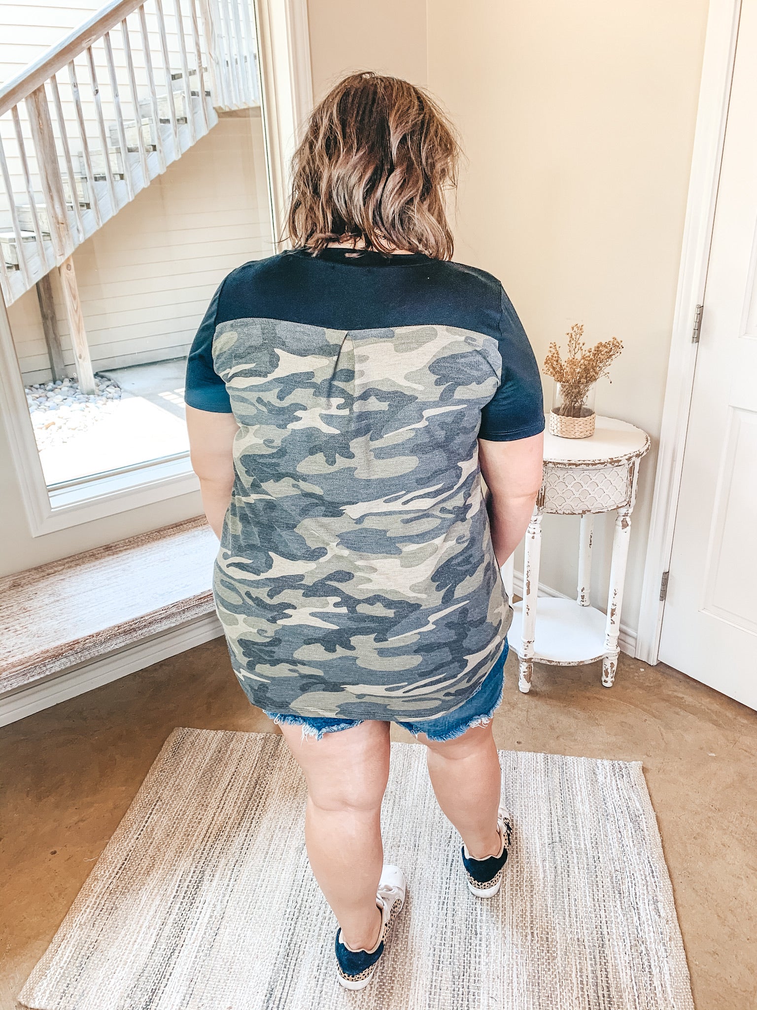 Last Chance Size Small | Point of View Printed Back and Pocket V Neck Tee in Camouflage - Giddy Up Glamour Boutique