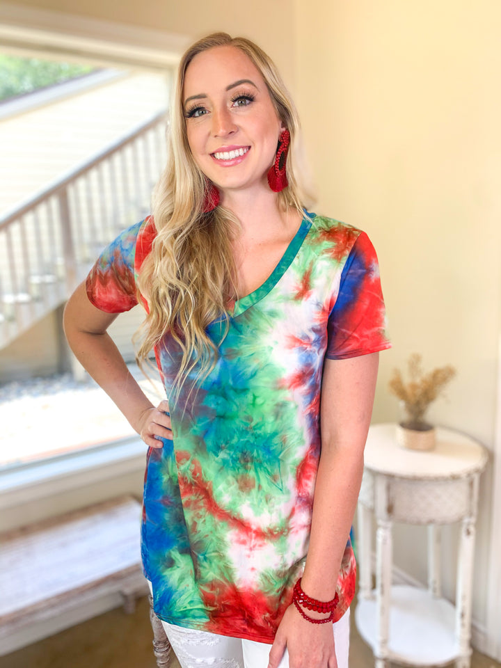 Last Chance Size Small & Medium | Keep Things Simple Tie Dye V Neck Tee in Red, Blue, and Green - Giddy Up Glamour Boutique