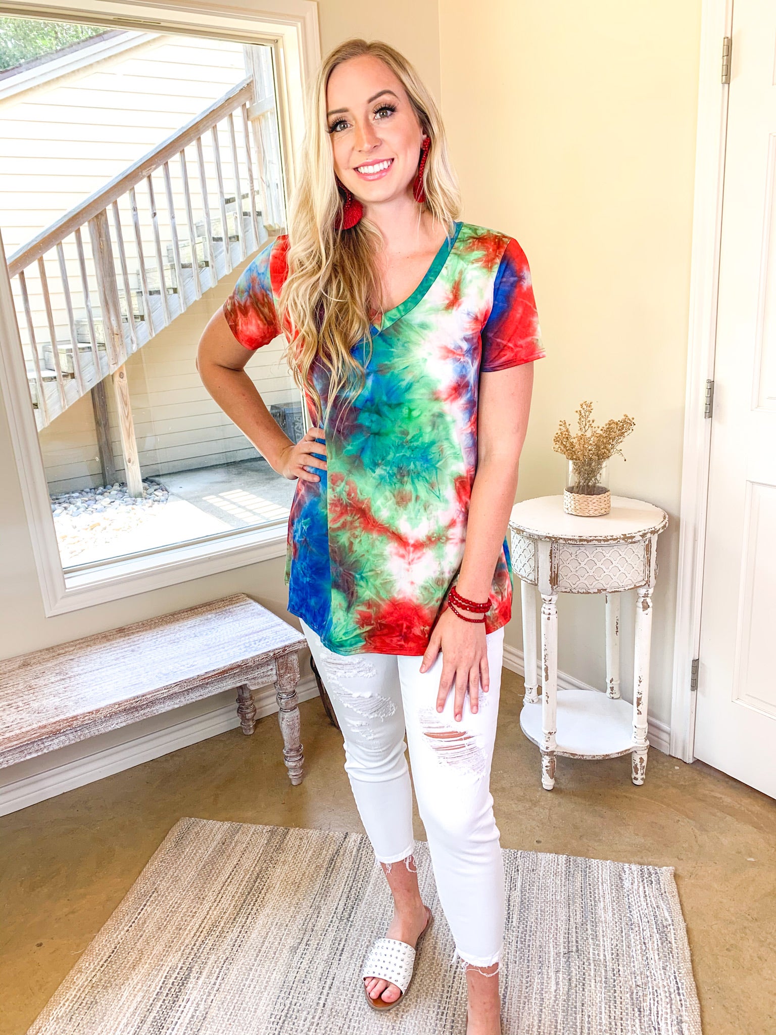 Last Chance Size Small & Medium | Keep Things Simple Tie Dye V Neck Tee in Red, Blue, and Green - Giddy Up Glamour Boutique