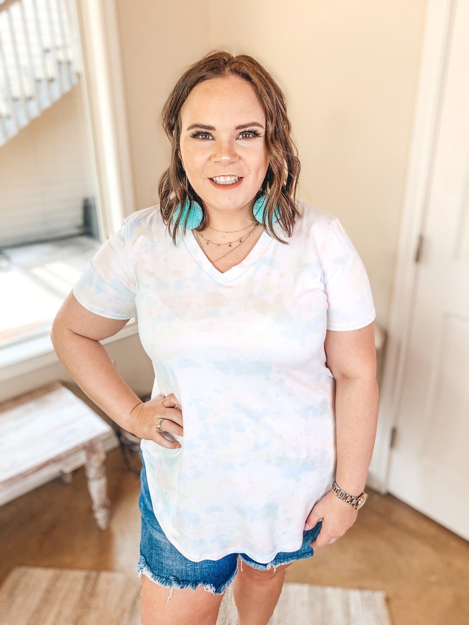 Last Chance Size Small | Simple Does It Tie Dye Short Sleeve V Neck Tee in Pastel Pink and Mint - Giddy Up Glamour Boutique